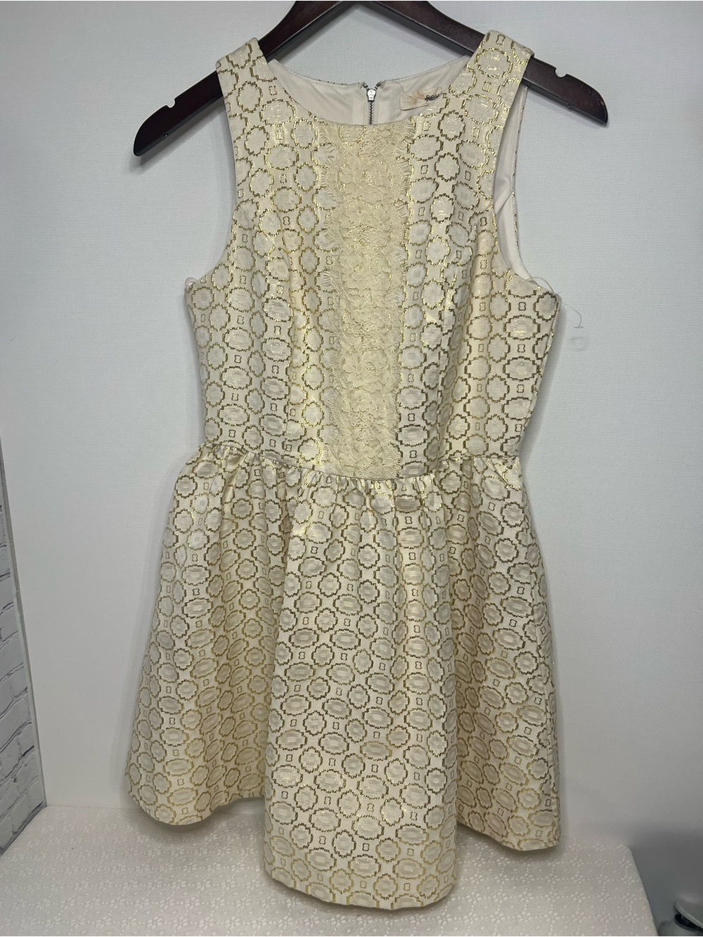 Rewind Gold and Cream Dress with Lace Trim Geometric MED Juniors
